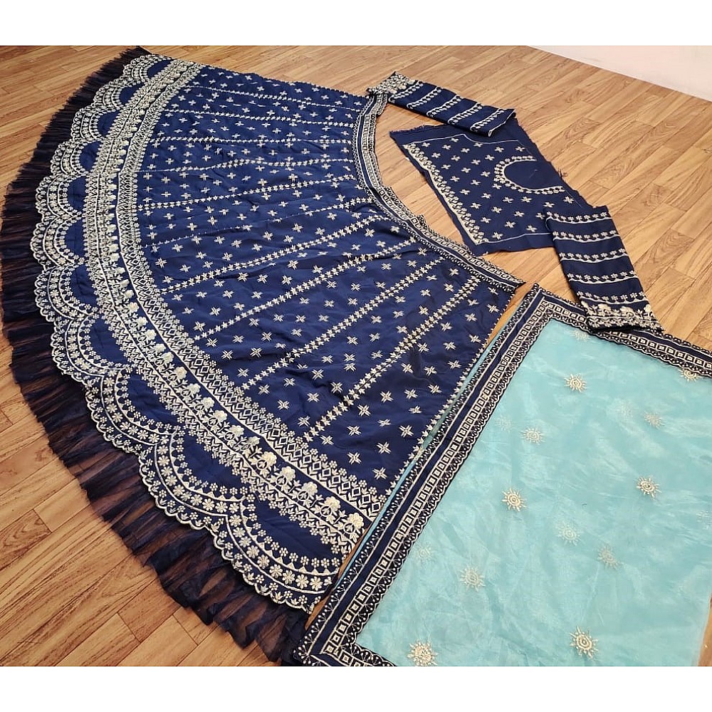 Navy blue taffeta silk heavy embroidered work ceremonial lehenga choli