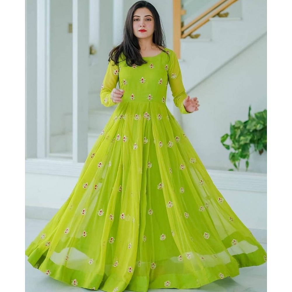 Gown : Neon green heavy georgette side embroidered work party ...