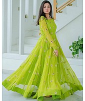 Neon green heavy georgette side embroidered work party wear gown