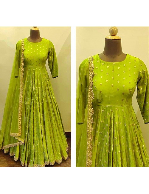 Neon green heavy georgette with embroidered work party wear gown