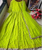 Neon green heavy georgette with embroidered work party wear gown