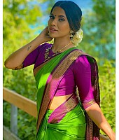 Neon green kanchipuram silk jacquard weaving work wedding saree