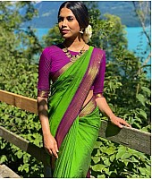Neon green kanchipuram silk jacquard weaving work wedding saree