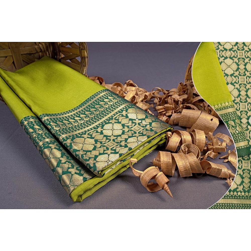 Neon green soft lichi silk jacquard weaving work wedding saree