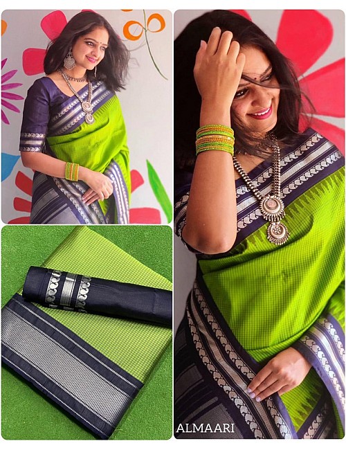 Neon green soft lichi silk silver zari jacquard weaving work saree