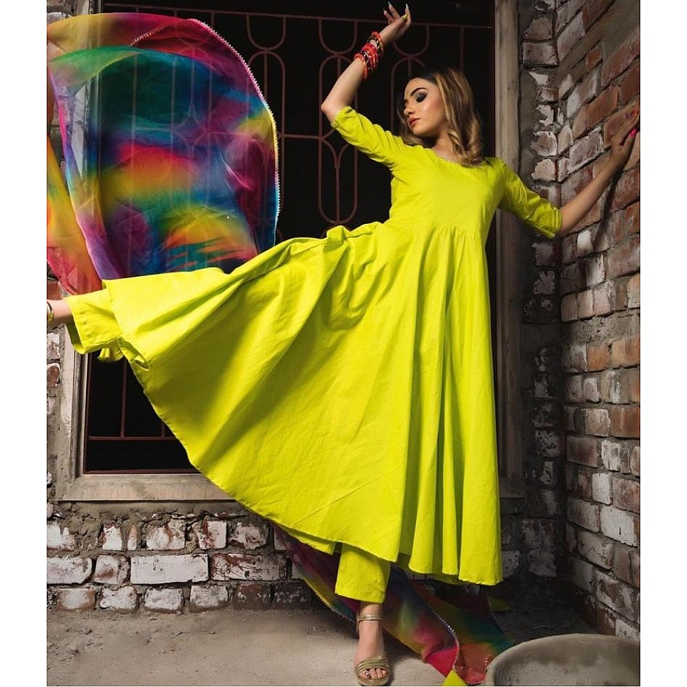 Neon green taffeta silk anarkali gown with salwar