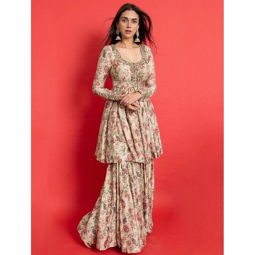 Off white crepe thread work with digital print sharara suit