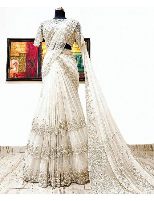 Off white georgette embroidered with pearl work saree