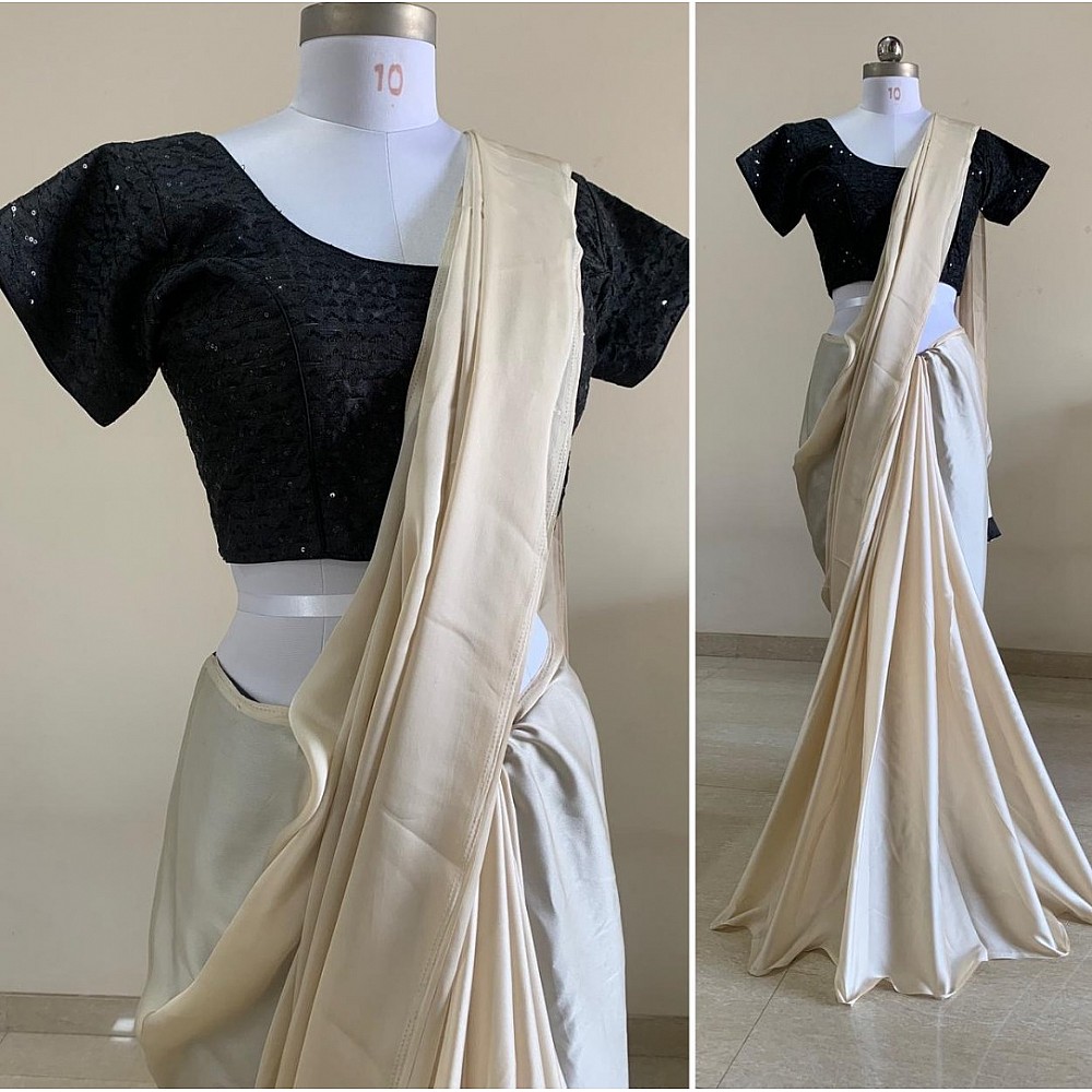Off white satin silk plain work saree