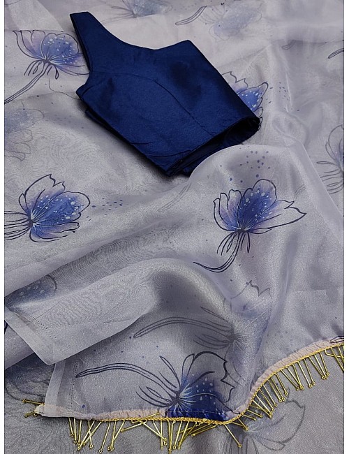 Off white soft organza fancy jhalar and printed work saree