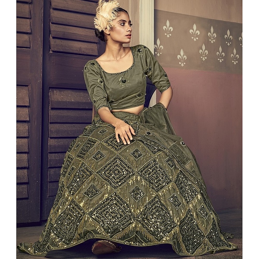 Olive green net sequence embroidered work party wear lehenga choli