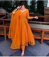 Orange chanderi embroidered and line work salwar suit