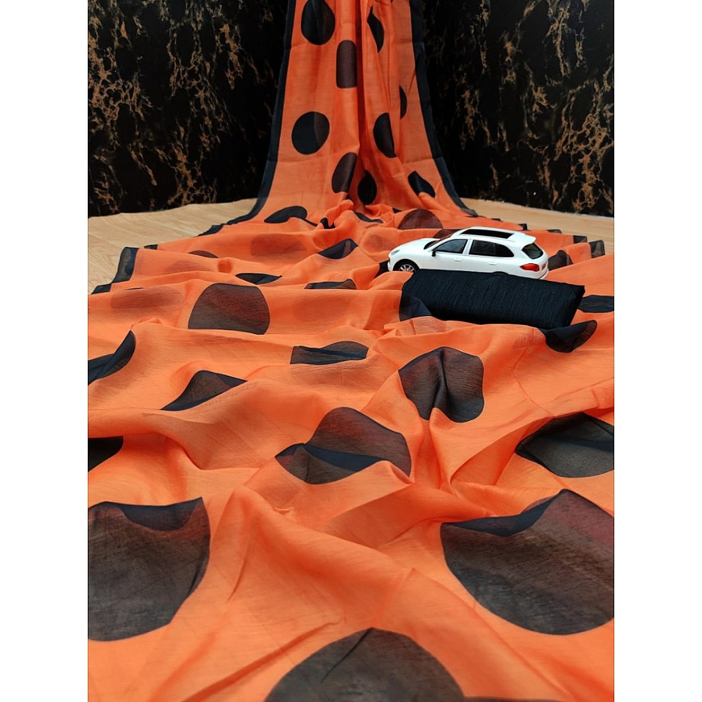Orange cotton chanderi original digital printed work saree
