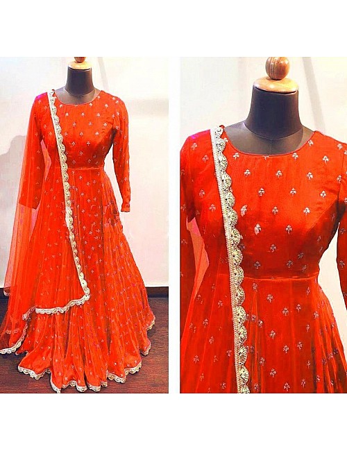 Orange heavy georgette with embroidered work party wear gown