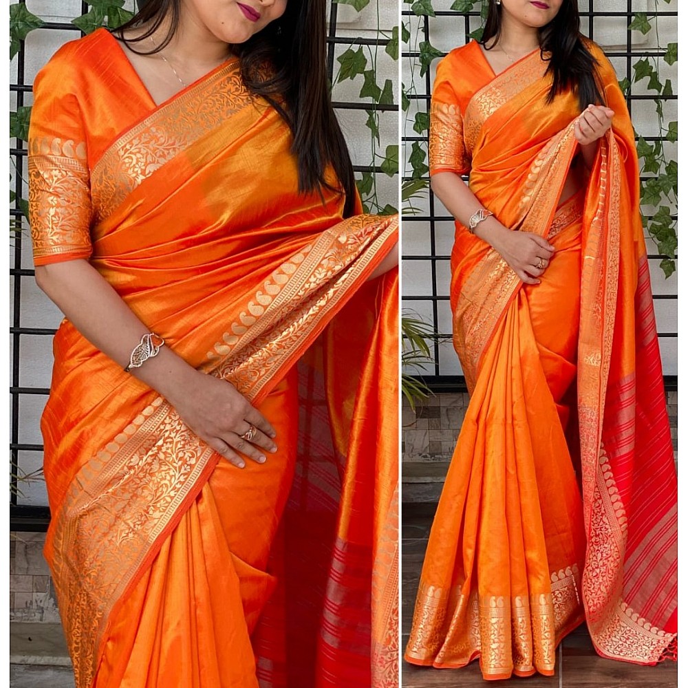 Orange heavy sana silk jacquard weaving work wedding saree