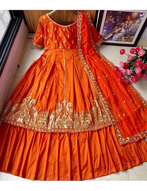 Orange heavy taffeta silk embroidered work party wear gown