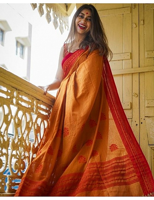 Orange original chanderi linen digital printed work saree