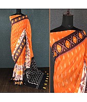 Orange slub linen cotton digital printed work saree