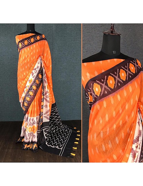 Orange slub linen cotton digital printed work saree