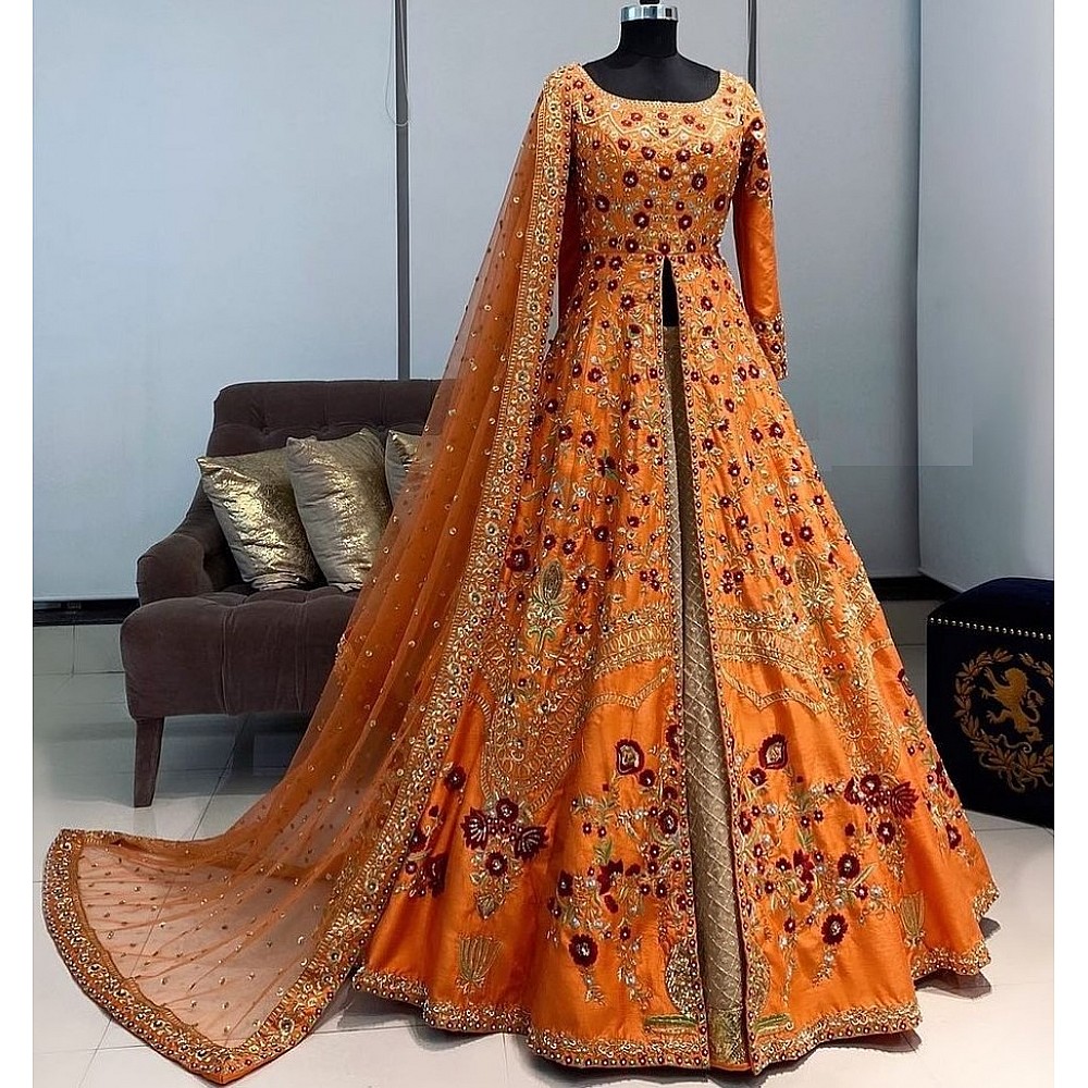 Orange taffeta silk satin embroidered gown lehenga