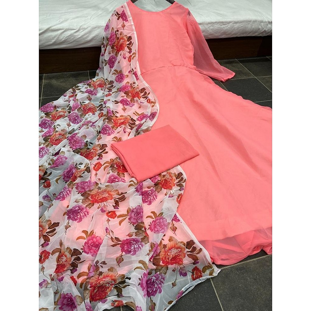 Peach georgette plain work gown with printed dupatta