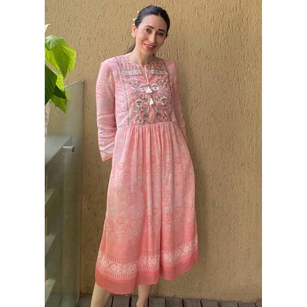 Peach georgette print and embroidered kurti