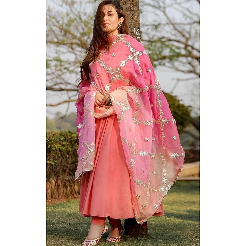 Peach heavy georgette flared gown with embroidered dupatta