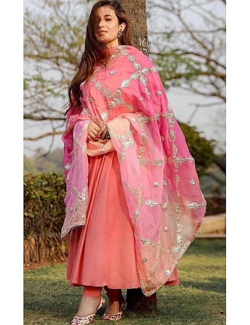 Peach heavy georgette flared gown with embroidered dupatta 