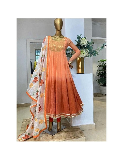 Peach heavy georgette with embroidered work gown 