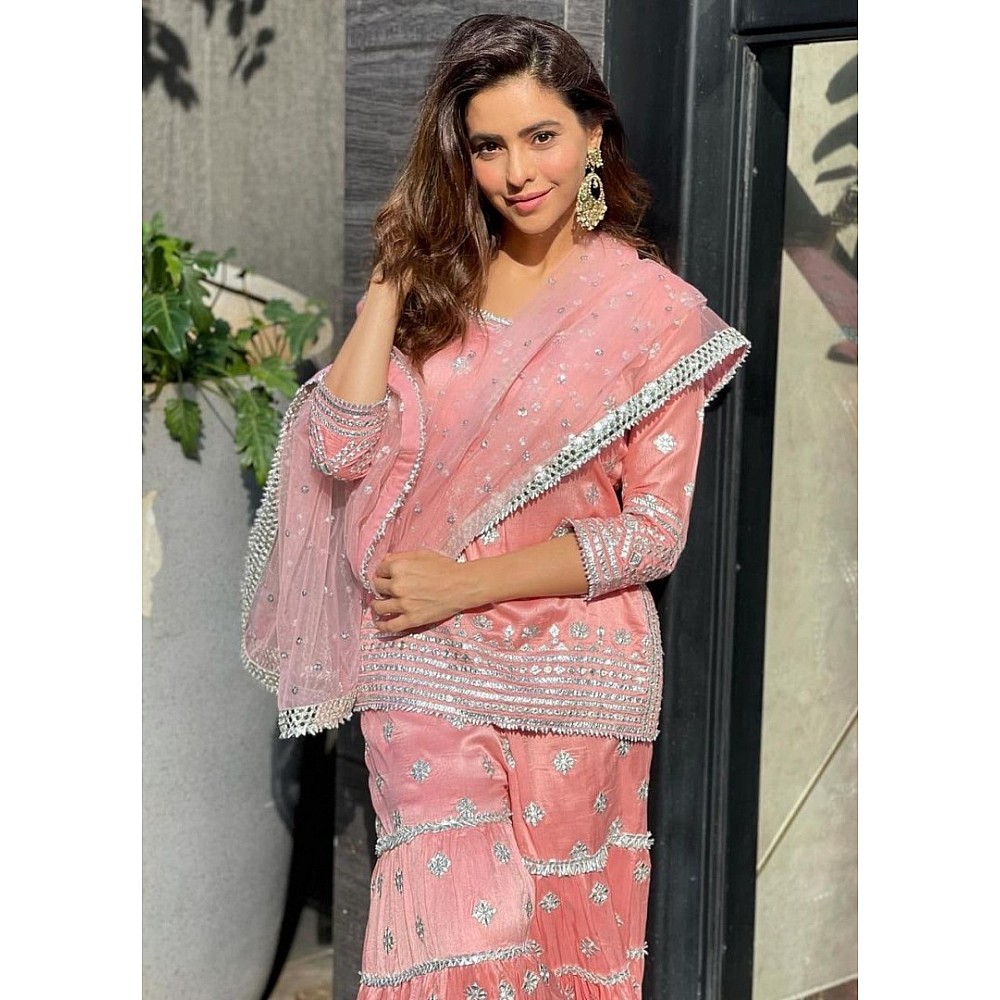 Peach muslin cotton embroidered sharara suit