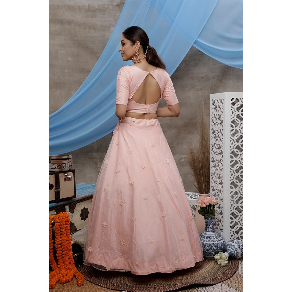 Peach net and velvet heavy sequence wedding lehenga choli with koti
