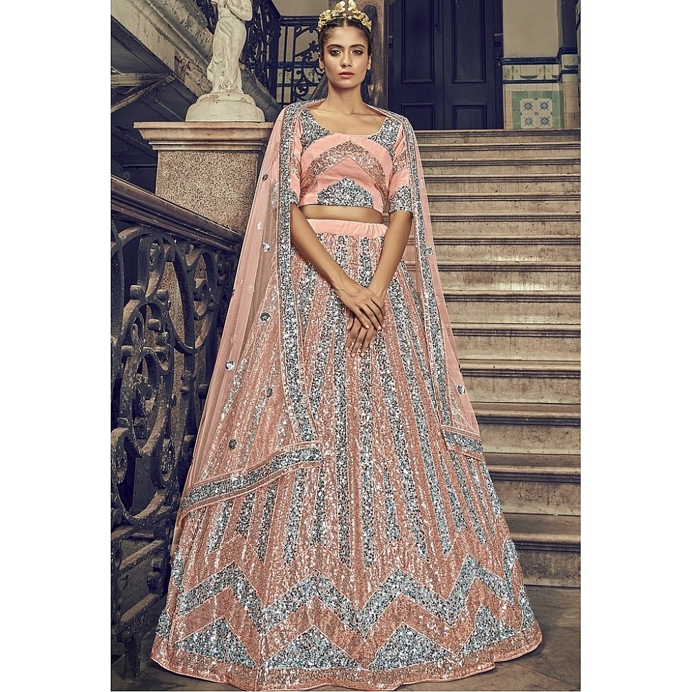 Peach net sequence embroidered work wedding and party wear lehenga choli