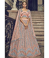 Peach net sequence embroidered work wedding and party wear lehenga choli