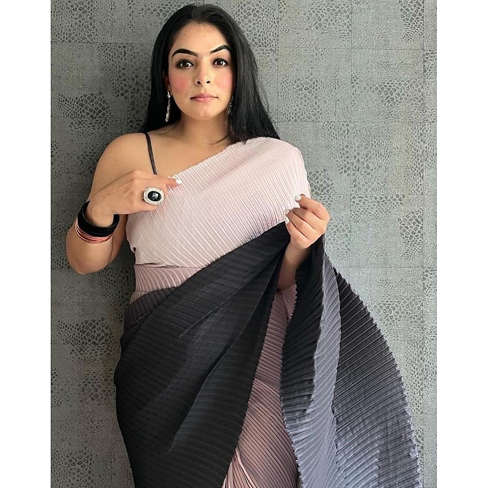 Pink and black georgette printed pleated saree