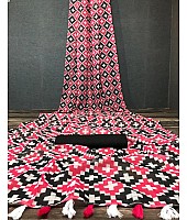 Pink chanderi linen digital printed cotton tussles work saree