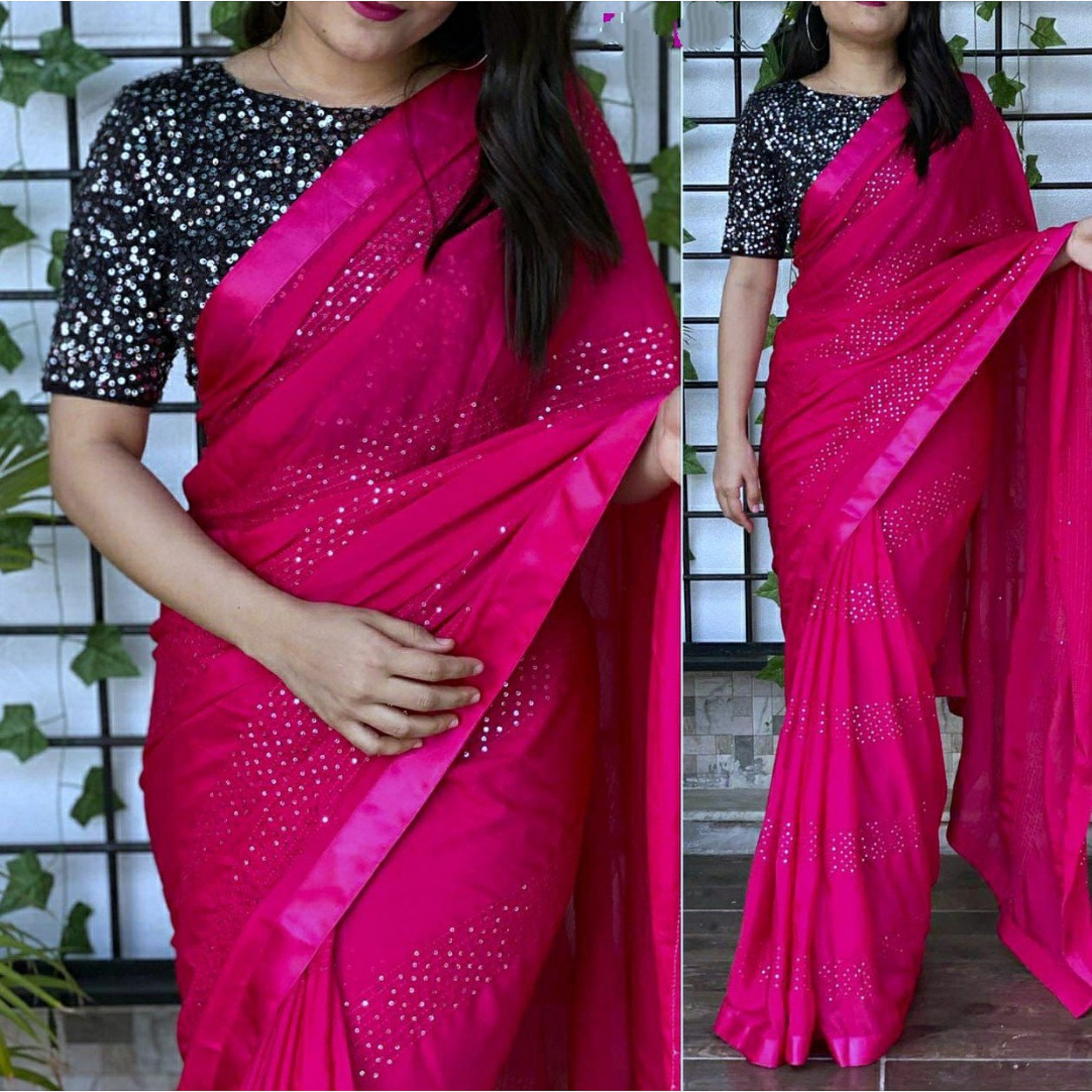 Silk Sarees : Pink chinon silk sequence and thread work party ...