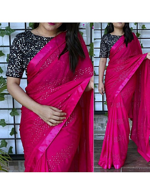 Pink chinon silk sequence and thread work party wear saree