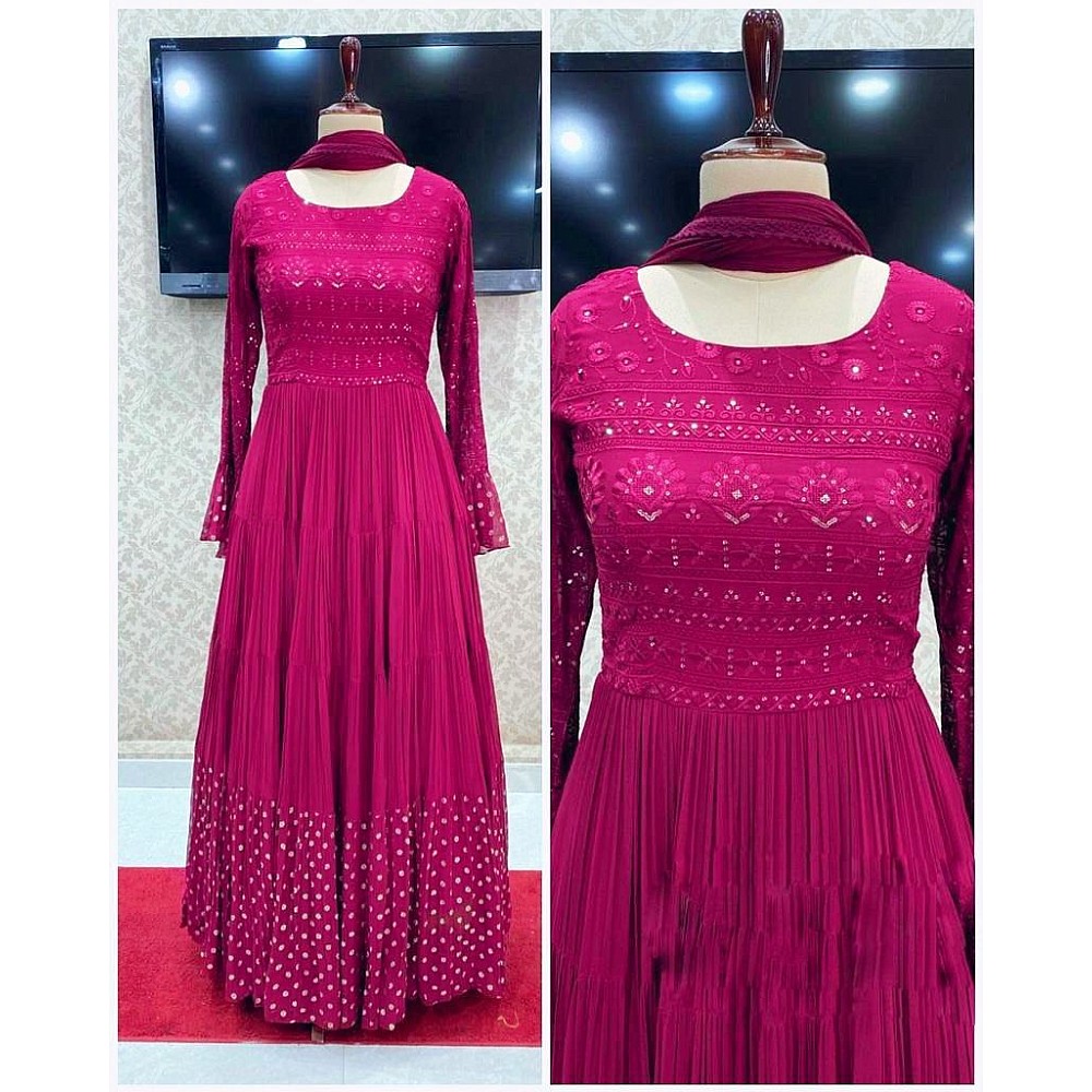 Pink georgette embroidered ruffle layer gown