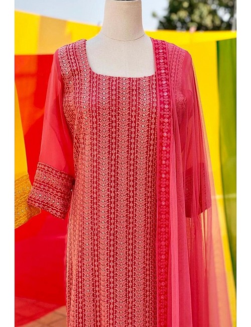 Pink georgette embroidered sequence work plazzo suit
