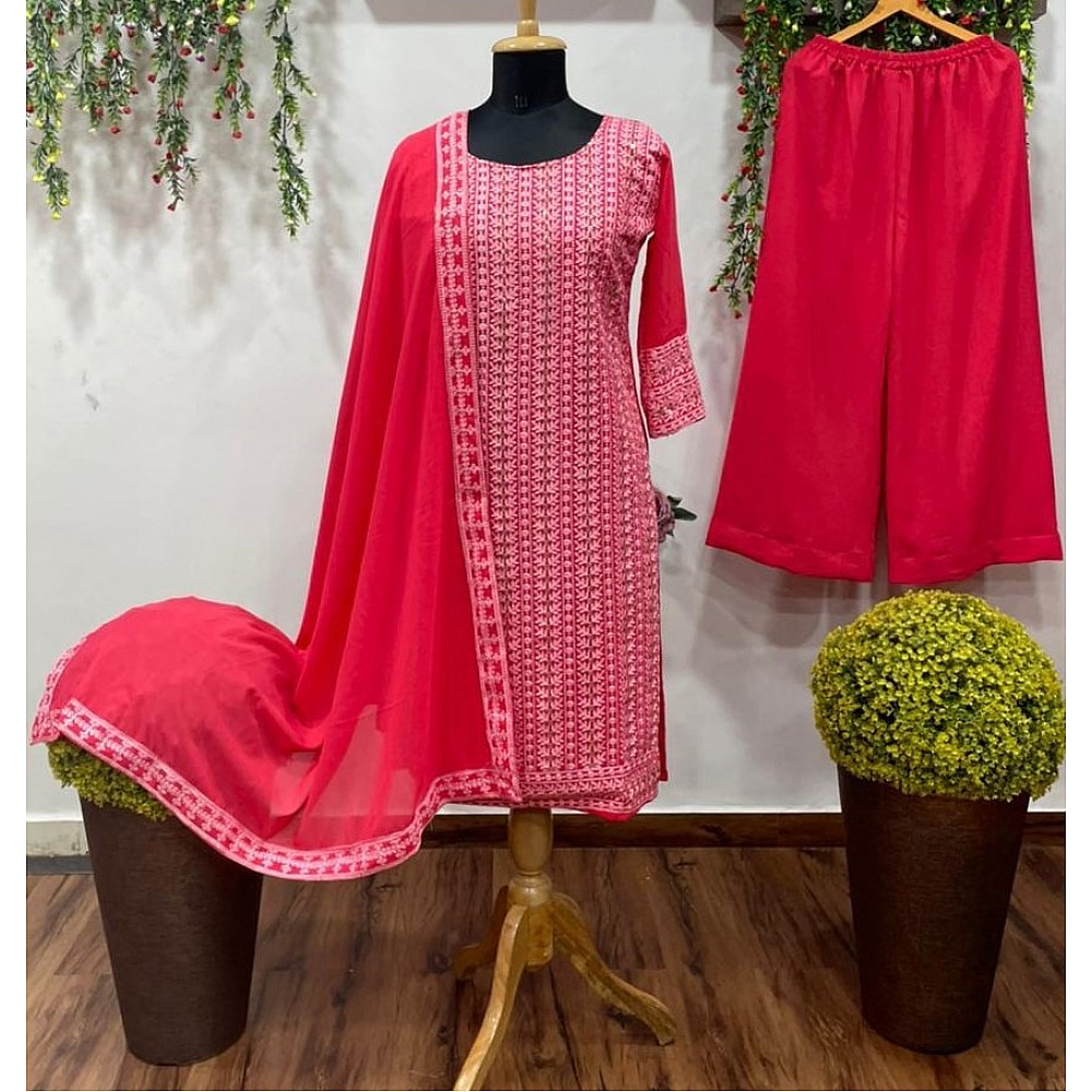 Pink georgette embroidered sequence work plazzo suit