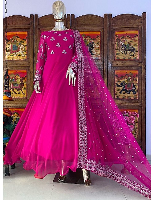 Pink georgette embroidered umbrella flair gown