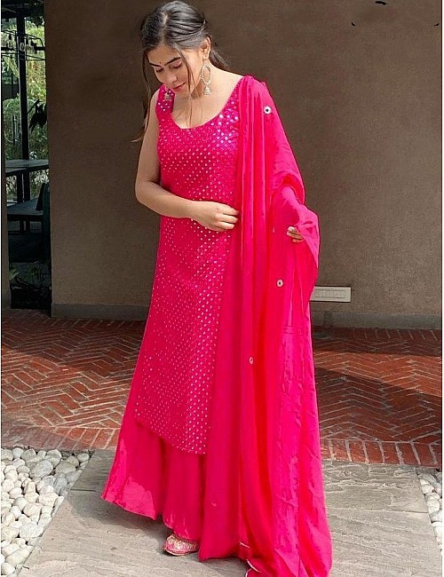 Pink georgette heavy embroidered mirror work salwar with palzzo