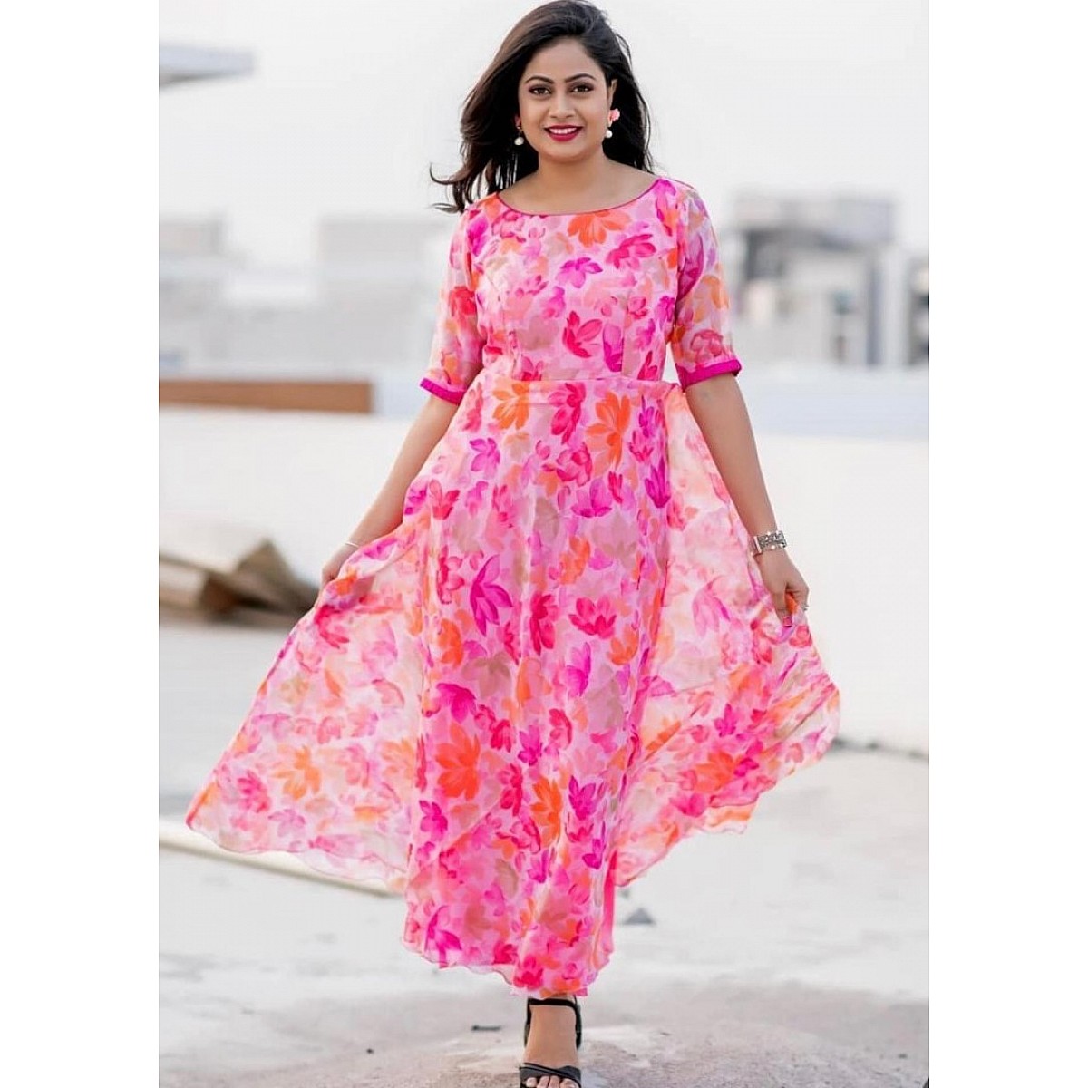 Gown : Pink heavy georgette floral printed work fancy gown ...