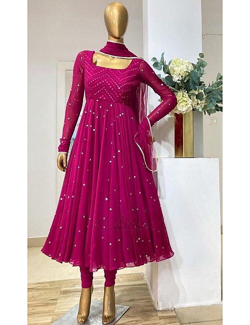 Pink heavy georgette fully embroidered work  occasional wear gown