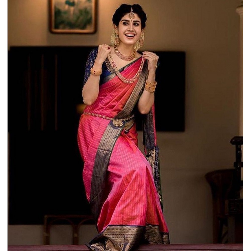 Pink kanjiwaram golden jacquard weaving work wedding saree