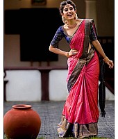 Pink kanjiwaram golden jacquard weaving work wedding saree