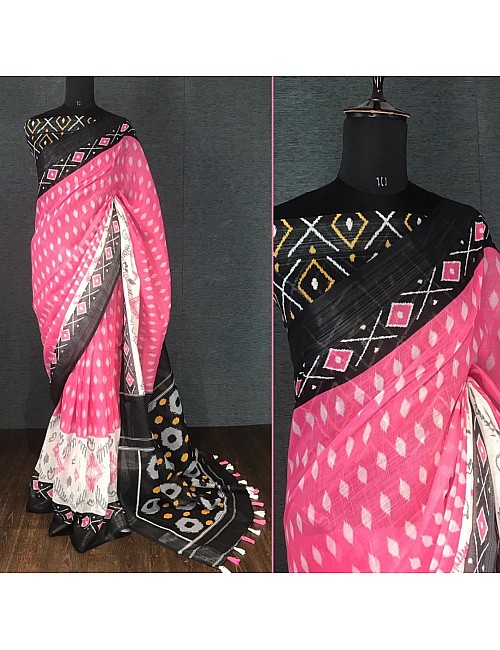 Pink linen digital print with cotton tussles work saree