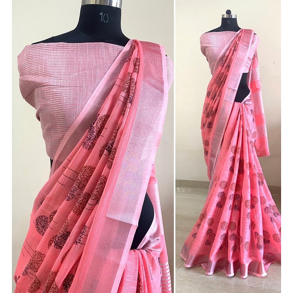Pink linen digital printed work party wear saree