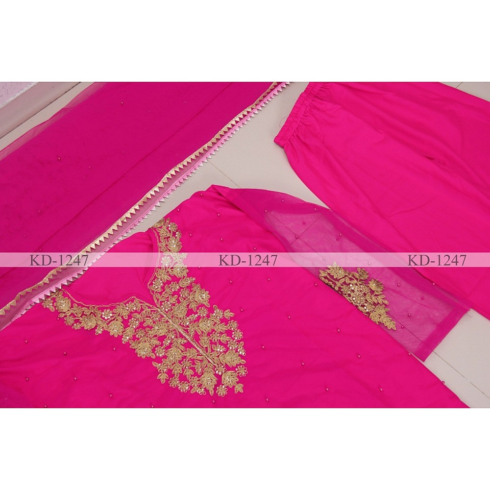 Pink nylon mono net sequence pearl rivet work salwar suit