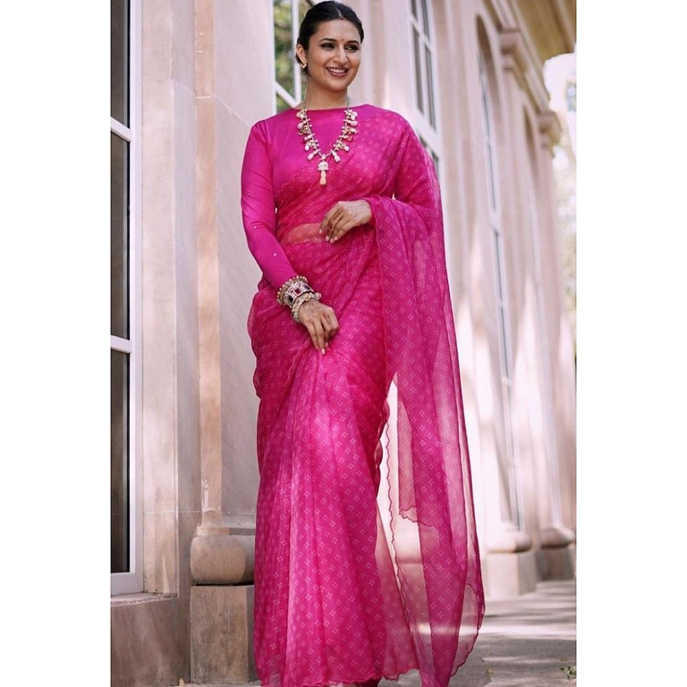 Pink organza silk digital printed work fancy saree